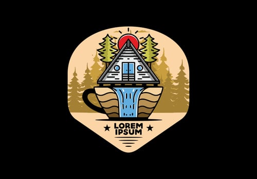 Wood cabin and pine trees on the coffee cup shape with waterfall illustration vector