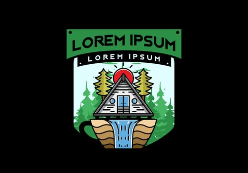 Wood cabin and pine trees on the coffee cup shape with waterfall illustration vector