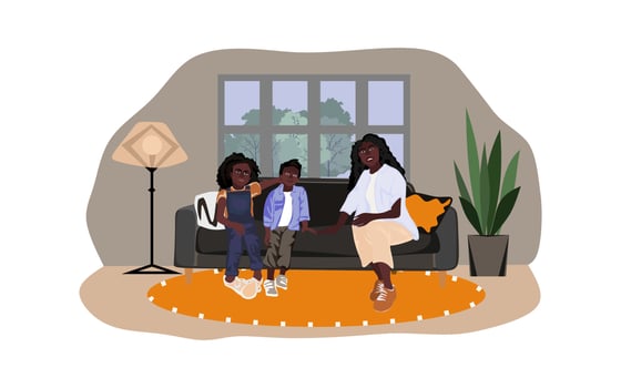 African American Mother with children sitting on the sofa in the room with modern interior. Happy smiling African american family. Vector flat illustration