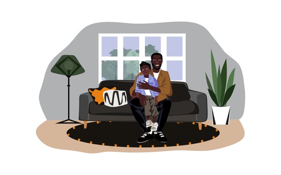 African American father with son and daughter sitting on the sofa in the room with modern interior. Happy smiling African american family. Vector flat illustration