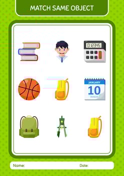 Match with same object game backpack. worksheet for preschool kids, kids activity sheet vector
