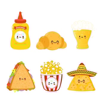 Funny happy fast food characters set. Vector hand drawn cartoon kawaii character illustration. Isolated white background. Cute mustard, croissant, beer, sandwich, popcorn, nachos