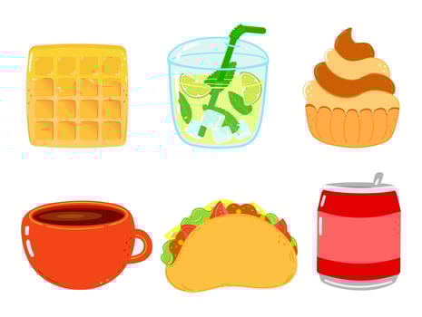 Funny happy fast food characters set. Vector hand drawn cartoon kawaii character illustration. Isolated white background. Cute wafer, mojito, cake, coffee cup, coffee cup, can of cola