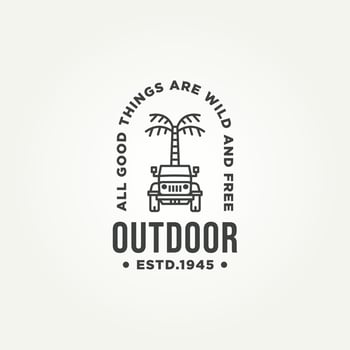 minimalist outdoor adventure expedition line art badge logo template vector illustration design. simple holiday adventure with offroad vehicle logo concept