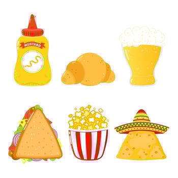 Funny happy fast food characters set. Vector hand drawn cartoon kawaii character illustration. Isolated white background. Cute mustard, croissant, beer, sandwich, popcorn, nachos