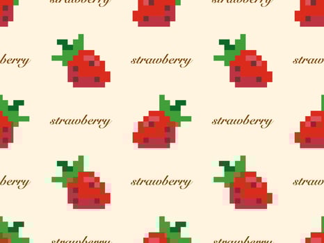 Strawberry cartoon character seamless pattern on yellow background. Pixel style vector