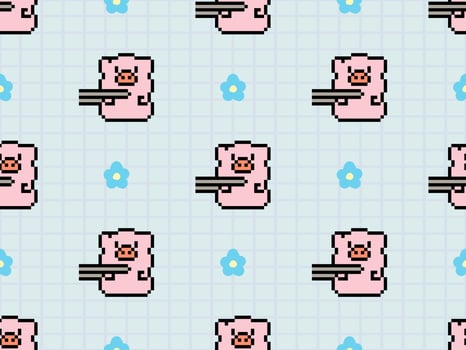 Pig cartoon character seamless pattern on blue background. Pixel style vector
