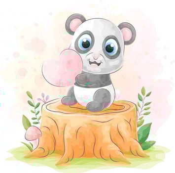 Cute doodle Panda with watercolor illustration vector