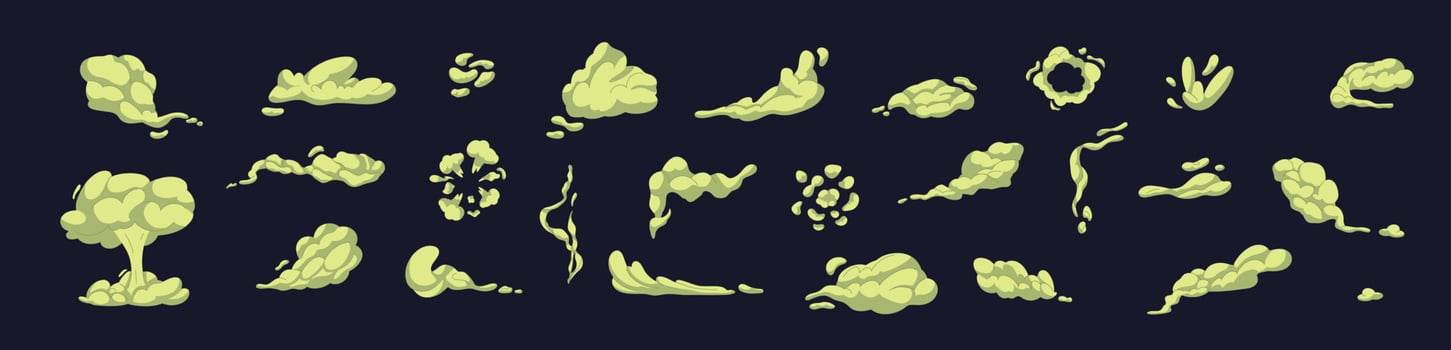 Cartoon bad smell toxic clouds. Bad smell toxic clouds. Smelling smoke. Green stink aroma and stinky smoke cartoon. Isolated vector illustration