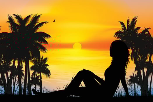 cute girl and beach silhouette vector