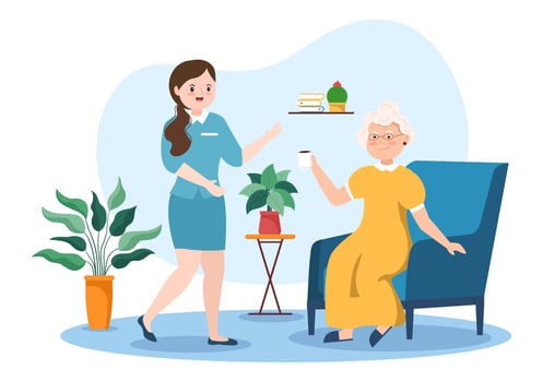 Elderly Care Services Hand Drawn Cartoon Flat Illustration with Caregiver, Nursing Home, Assisted Living and Support Design vector