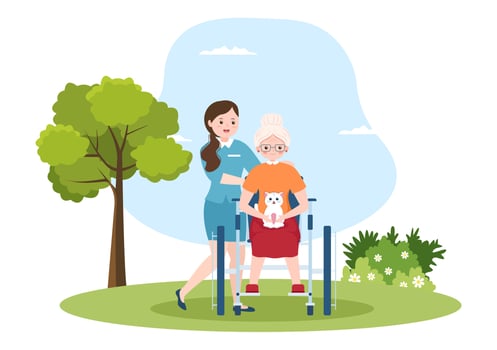 Elderly Care Services Hand Drawn Cartoon Flat Illustration with Caregiver, Nursing Home, Assisted Living and Support Design vector