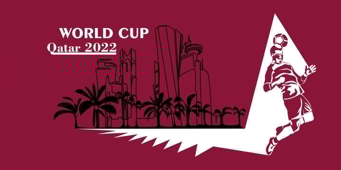 World Cup in Qatar in 2022 banner. Stylized Vector isolated modern illustration of the capital Doha city with symbol, colors and flag