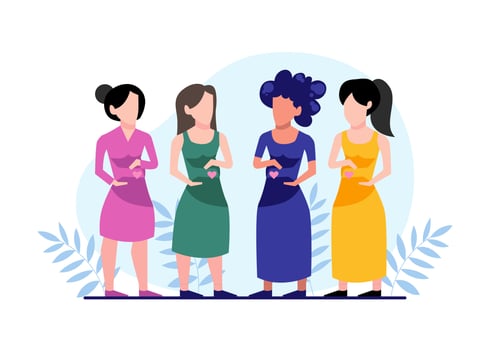 Pregnant Woman, Pregnancy, and Motherhood Flat Illustration Vector Isolated. A couple of happy pregnant women are chatting with each other against a background of flowers.