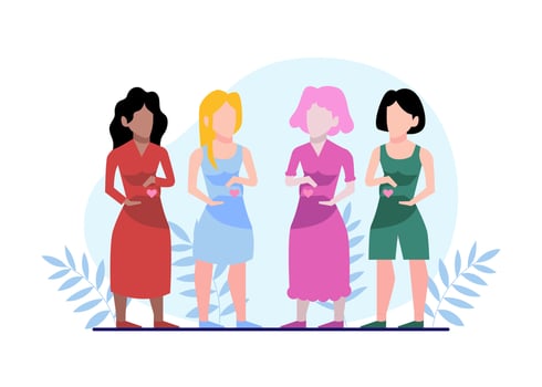 Pregnant Woman, Pregnancy, and Motherhood Flat Illustration Vector Isolated. A couple of happy pregnant women are chatting with each other against a background of flowers.
