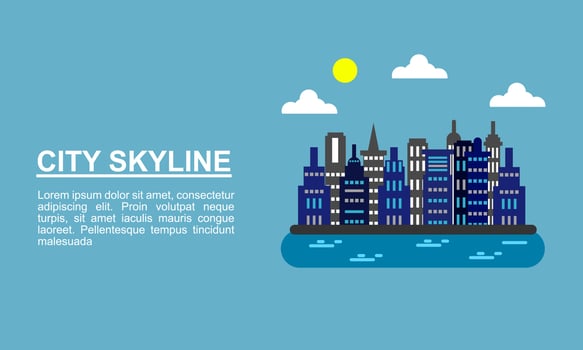 city skylines with building sun cloud and river vector