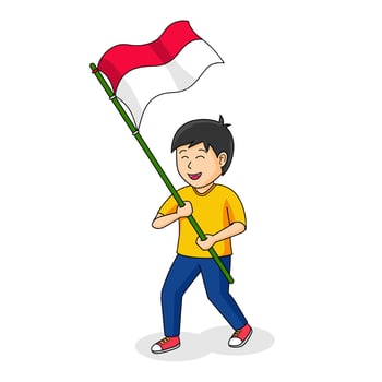 boy holding indonesian flag, cute character vector