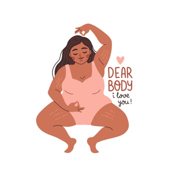 Body positive love your body quote flat design vector illustration. Beautiful black woman plus size. Dear body, i love you