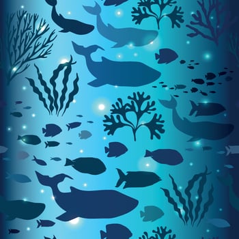 Seamless pattern of cute blue whale, fish and corals. World Ocean Day June 8. Tropical surface with of underwater world and marine animals. Vector illustration for design, decor, flyer.