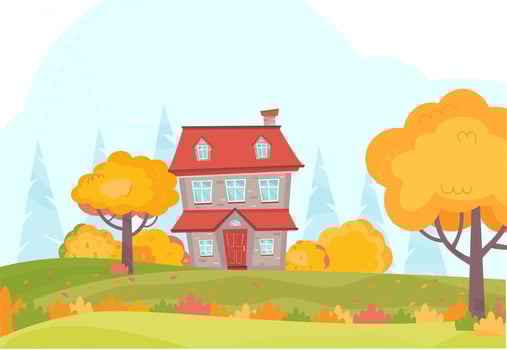 Autumn landscape with cute house, trees, bushes, forest, colorful autumn leaves. House, farm, cottage at autumn time. Vector illustration in flat cartoon style.