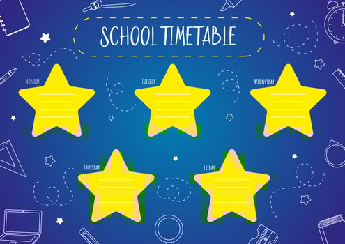 School timetable template for kids with days of the week and stars. Line art school supplies. Weekly planner. Schedule design template. vector