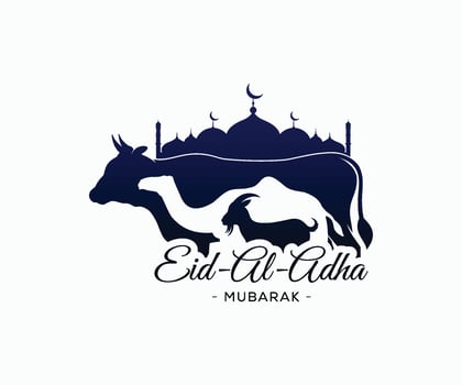 Eid Al-Adha Mubarak Template. Mosque With Cow Camel Bull Goat Lamb Eid Al-Adha Template. vector