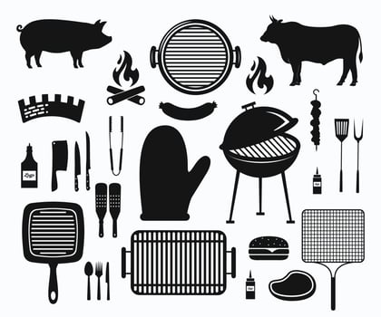 Barbecue BBQ Grill Silhouette Set Vector. Grill BBQ Party Set Icon Template. vector