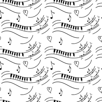 Seamless pattern of piano melody, hand-drawn doodle. Flying notes. Heart. Music. Inspiration. Isolated vector illustration on white background