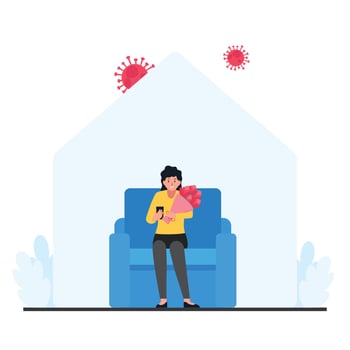 Woman sit and hold a flower bucket while virus around vector