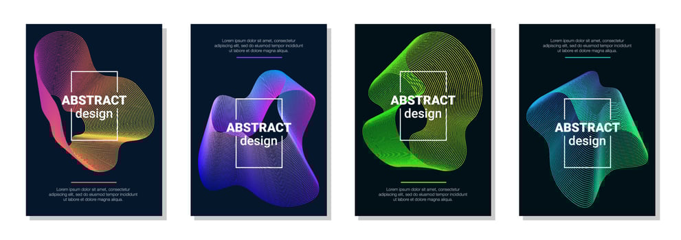 Vector technology abstract brochure, cover, flyer templates with dynamic amorphous vector flowing gradient particle water curve waves and modern organic lines. Retro futurism geometric, cyberpunk.