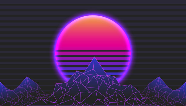 Retro Background Mountain Landscape 80s Styled. Synthwave, retrowave, cyber neon. vector