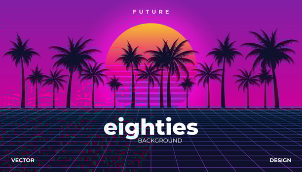 Retro background 80s Landscape palm tree. Synthwave, retrowave, cyber neon. vector