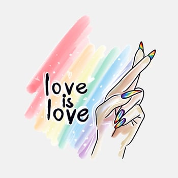 Love is love. Hand with long nails, watercolor background, paint splatter, lgbt pride, gay pride, rainbow flag vector