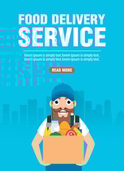 Food delivery service concept design flat banner with deliveryman food vector