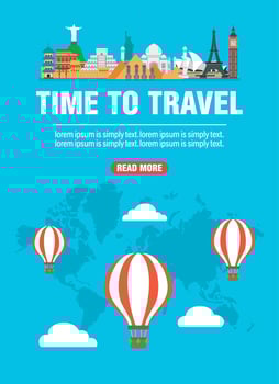 Time to travel concept design flat banner. Around the world. Balloon travel vector