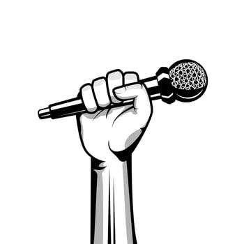 Hand holding microphone vector illustration. Hand and mic illustration.
