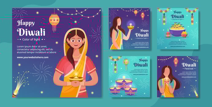 Indian Celebrating Diwali Day Social Media Post Template Hand Drawn Cartoon Flat Illustration vector