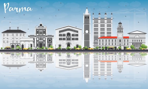 Parma Skyline with Gray Buildings, Blue Sky and Reflections. vector