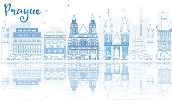 Outline Prague skyline with blue buildings and reflections. vector