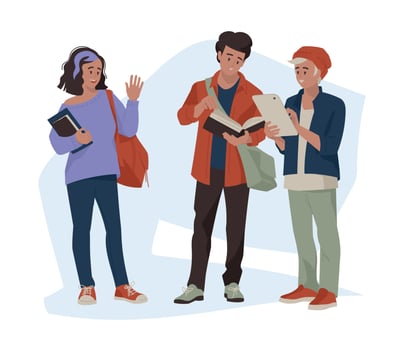Students, schoolchildren, teenagers. Girl with books waving greeting. The guy with the tablet. Student with a book. Back to school. Vector image.