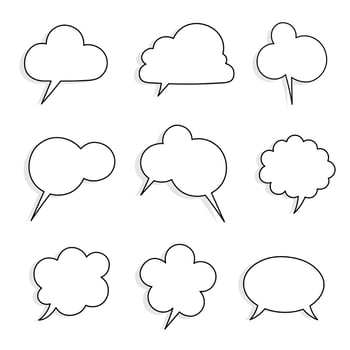 collection set of blank black and white hand drawing cloud speech bubble balloon, think speak talk text box, banner, flat vector illustration design