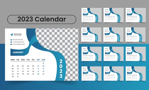 2023 desk calendar template design - yearly planner week starts on Monday vector