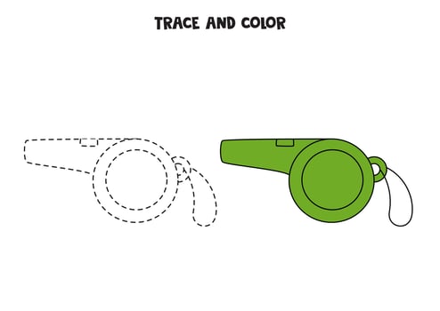 Trace and color cute hand drawn green whistle. Worksheet for children. vector