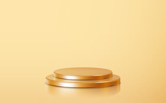 Realistic two golden blank product stack podium scene isolated on gold background. Geometric metallic round shape for product branding. Gold cylinder mock up scene. 3d vector illustration background
