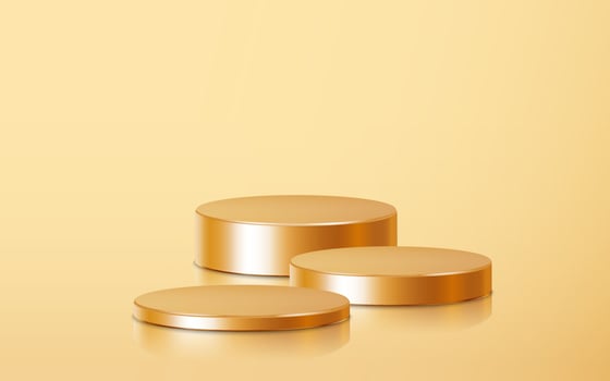 Realistic three golden blank product podium scene isolated on gold background. Geometric metallic round shape for product branding. Gold cylinder mock up scene. 3d vector illustration background