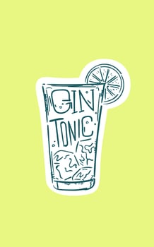 Hand Drawn Glass of Gin Tonic Cocktail. Drawing of a Summer Alcohol Drink on Bright Lemon Background. Speakeasy Classic Bar Cocktails. vector