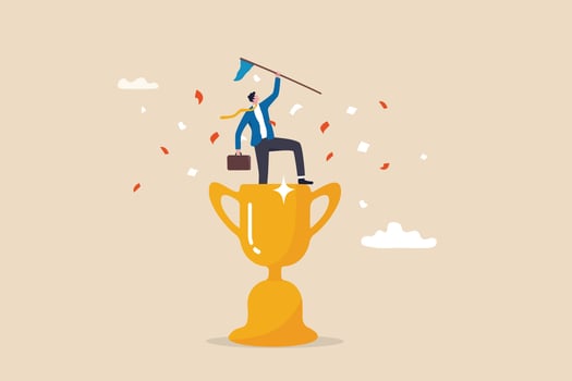 Victory or business achievement, triumph or award winning, accomplishment for leadership success, determination for career success concept, cheerful businessman winner raising flag on winning trophy. vector