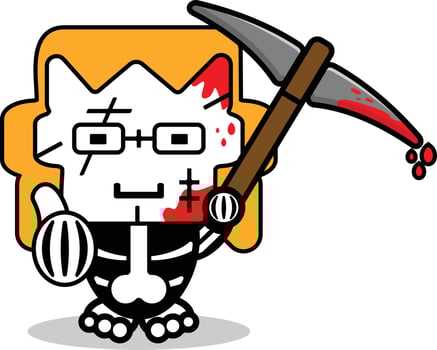 cute chucky bone mascot character cartoon vector illustration holding bloody pickaxe