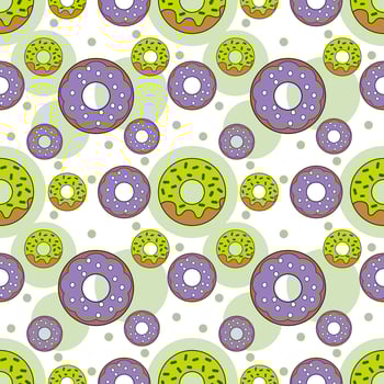Vector seamless pattern with cartoon donuts. Texture for fabric, wrapping, wallpaper. Decorative print.