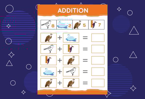 Addition with different birds for kids. An educational worksheet for kids. Vector design